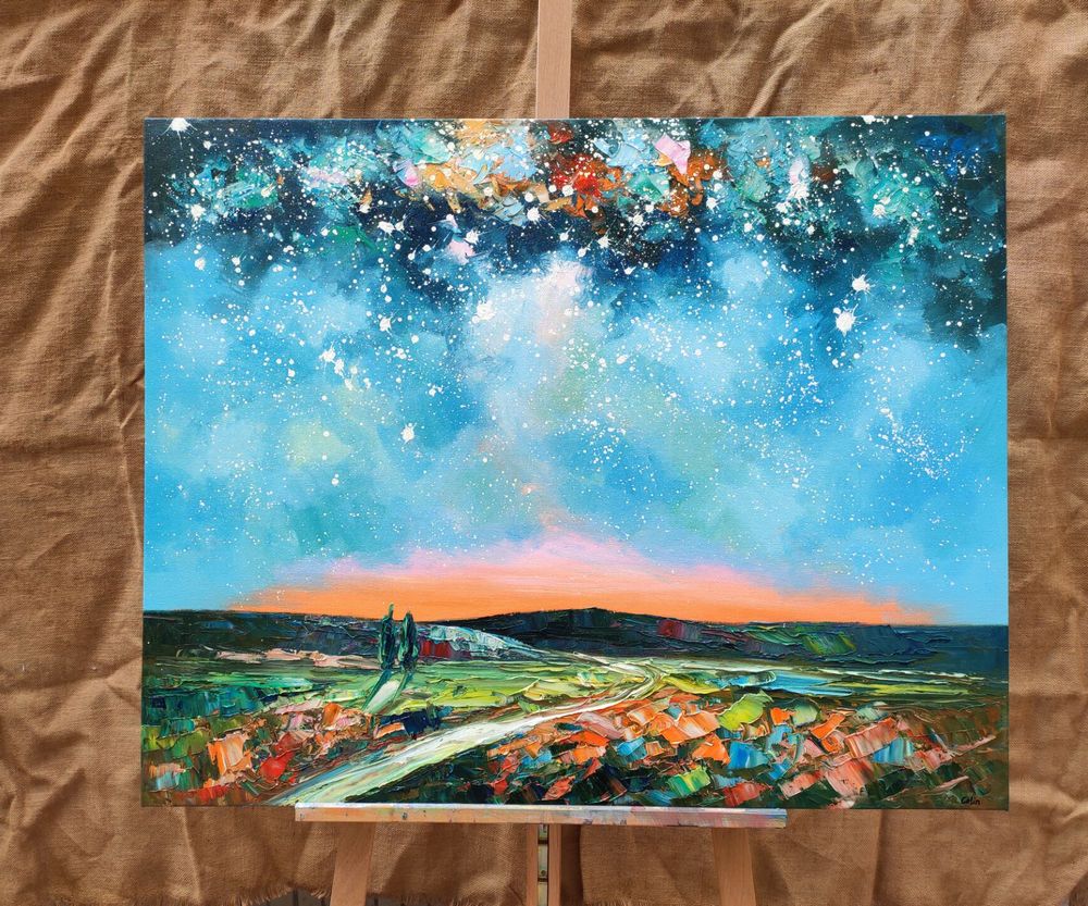 Landscape Painting on Canvas, Starry Night Sky Painting, Original Landscape Painting, Custom Canvas Painting for Dining Room-Silvia Home Craft