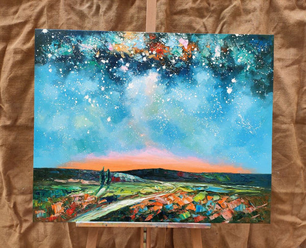 Landscape Painting on Canvas, Starry Night Sky Painting, Original Landscape Painting, Custom Canvas Painting for Dining Room-Silvia Home Craft