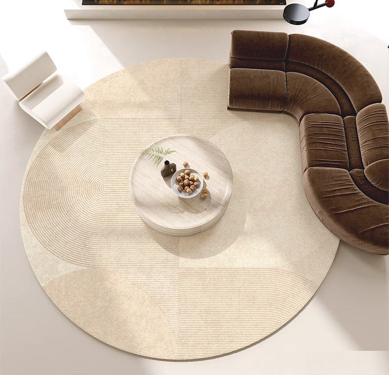 Unique Modern Rugs for Living Room, Geometric Round Rugs for Dining Room, Contemporary Cream Color Rugs for Bedroom, Circular Modern Rugs under Chairs-Silvia Home Craft