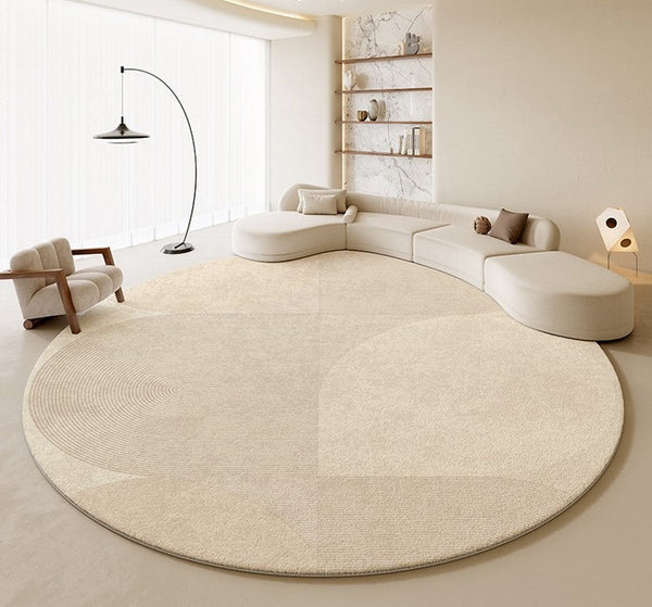 Unique Modern Rugs for Living Room, Geometric Round Rugs for Dining Room, Contemporary Cream Color Rugs for Bedroom, Circular Modern Rugs under Chairs-Silvia Home Craft