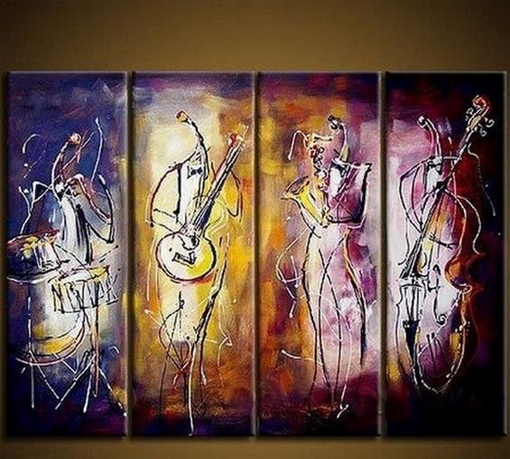 Music Player Painting, Extra Large Painting Above Sofa, 4 Piece Abstract Painting, Simple Abstract Wall Art, Modern Paintings for Living Room-Silvia Home Craft