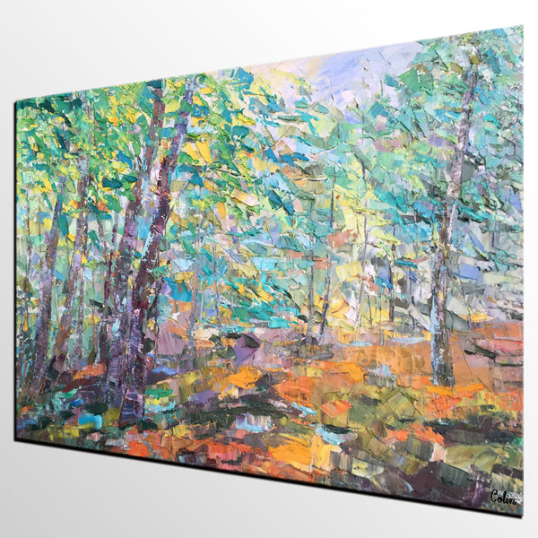 Autumn Forest Tree Painting, Landscape Canvas Painting, Impasto Paintings, Custom Large Painting for Bedroom, Original Landscape Painting-Silvia Home Craft