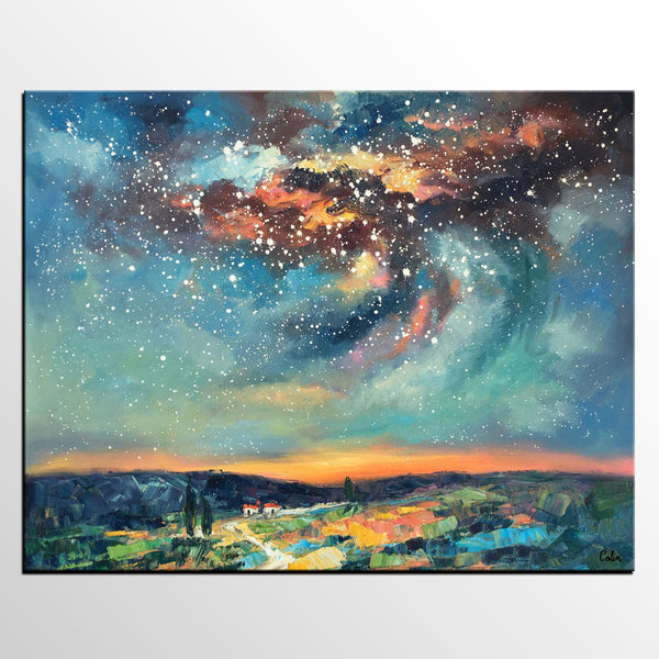 Landscape Painting, Custom Large Canvas Wall Art, Starry Night Sky Canvas Painting, Heavy Texture Wall Art-Silvia Home Craft