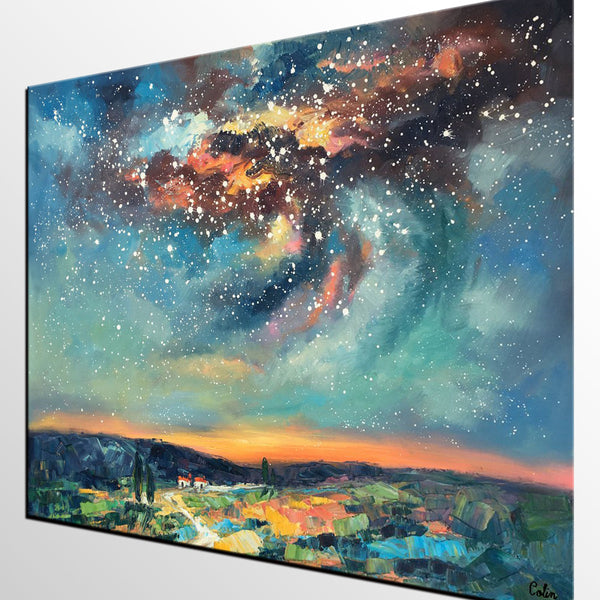 Landscape Painting, Custom Large Canvas Wall Art, Starry Night Sky Canvas Painting, Heavy Texture Wall Art-Silvia Home Craft