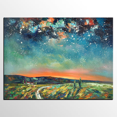 Abstract Landscape Oil Painting, Starry Night Sky Painting, Custom Large Canvas Painting, Heavy Texture Painting-Silvia Home Craft