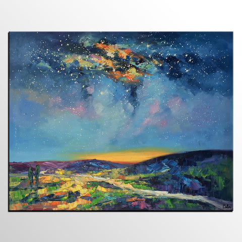 Bedroom Art, Abstract Painting, Starry Night Sky, Landscape Painting, Custom Large Art-Silvia Home Craft