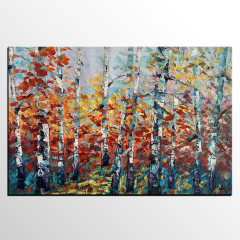 Landscape Painting, Autumn Forest Tree Painting, Canvas Wall Art, Custom Extra Large Art, Abstract Oil Painting, Original Painting-Silvia Home Craft