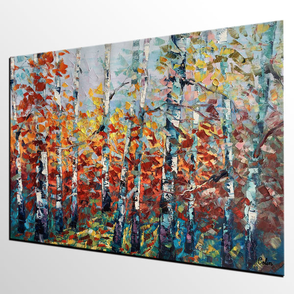 Landscape Painting, Autumn Forest Tree Painting, Canvas Wall Art, Custom Extra Large Art, Abstract Oil Painting, Original Painting-Silvia Home Craft