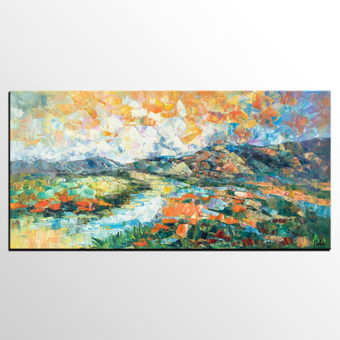 Custom Extra Large Art, Canvas Artwork, Original Artwork, Mountain and River Landscape Painting-Silvia Home Craft