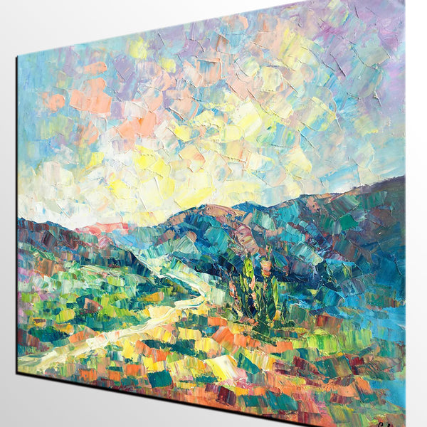 Canvas Painting, Heavy Texture Artwork, Spring Mountain Painting, Custom Landscape Oil Painting-Silvia Home Craft