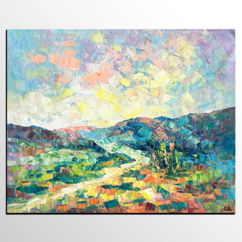 Canvas Painting, Heavy Texture Artwork, Spring Mountain Painting, Custom Landscape Oil Painting-Silvia Home Craft