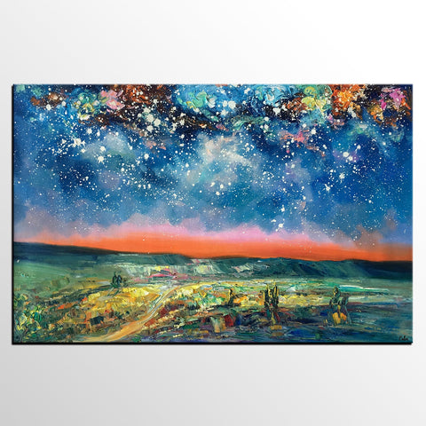 Landacape Canvas Painting, Starry Night Sky Painting, Original Landscape Painting, Heavy Texture Art Painting, Palette Knife Painting-Silvia Home Craft