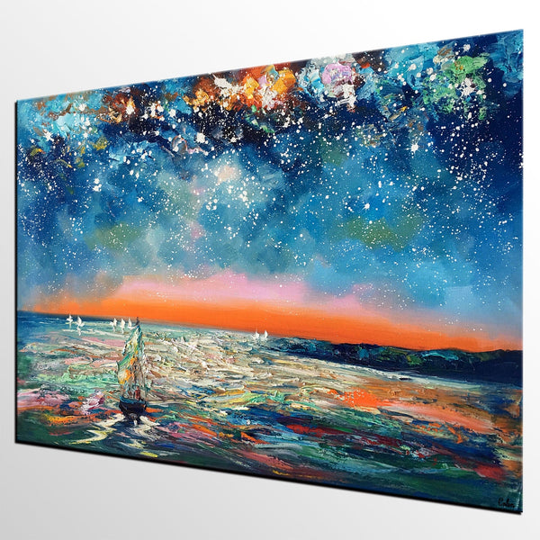 Canvas Painting Landscape, Oil Painting on Canvas, Sail Boat under Starry Night Sky Painting, Custom Art, Landscape Painting for Living Room-Silvia Home Craft