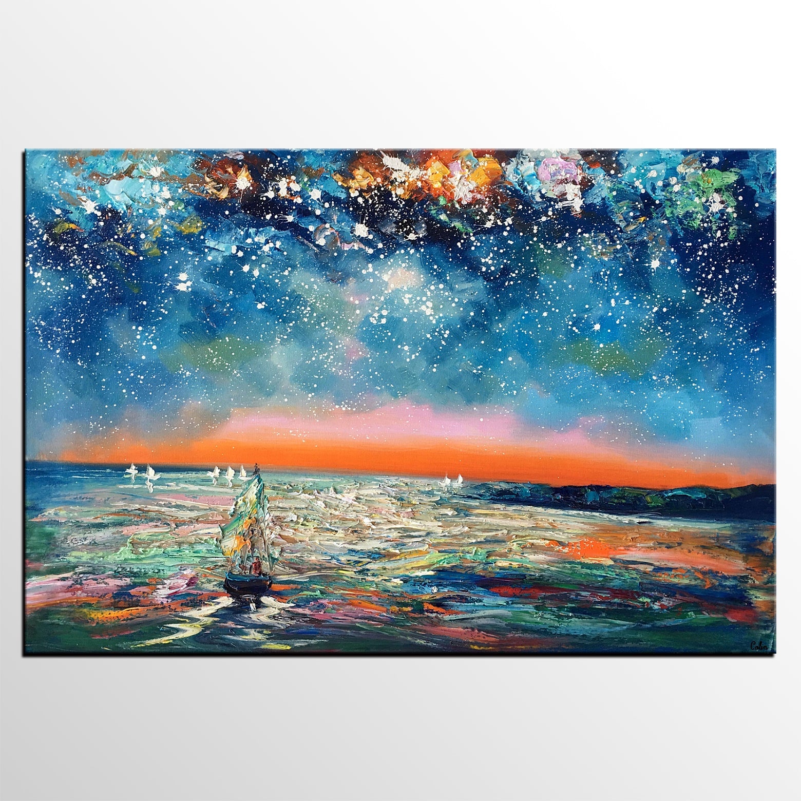 Canvas Painting Landscape, Oil Painting on Canvas, Sail Boat under Starry Night Sky Painting, Custom Art, Landscape Painting for Living Room-Silvia Home Craft