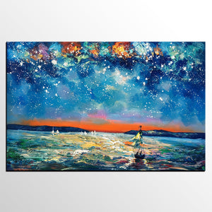 Large Canvas Art Painting, Sail Boat under Starry Night Painting, Custom Large Oil Painting-Silvia Home Craft