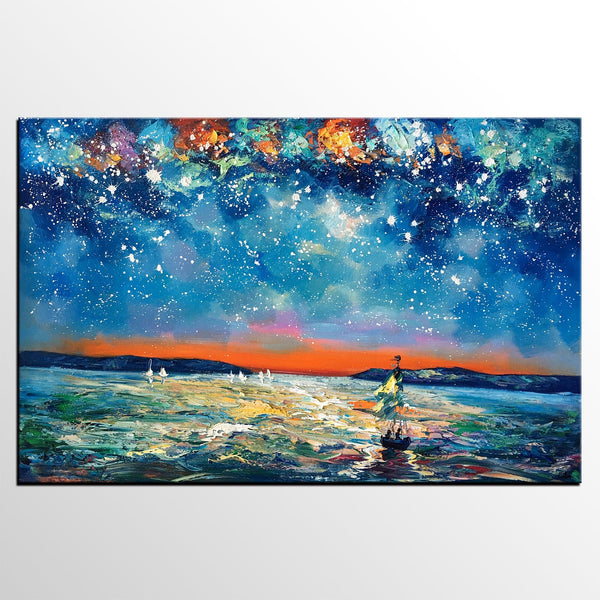 Large Canvas Art Painting, Sail Boat under Starry Night Painting, Custom Large Oil Painting-Silvia Home Craft