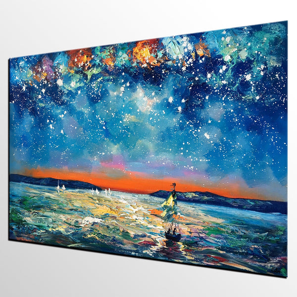 Large Canvas Art Painting, Sail Boat under Starry Night Painting, Custom Large Oil Painting-Silvia Home Craft