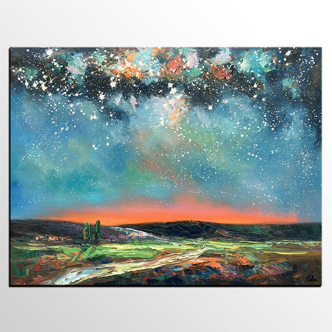 Landscape Canvas Painting, Starry Night Sky Painting, Hand Painted Canvas Art Painting, Landscape Painting for Bedroom, Custom Canvas Painting for Sale-Silvia Home Craft