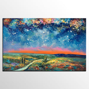 Large Canvas Art Painting, Starry Night Landscape Painting, Custom Large Oil Painting-Silvia Home Craft