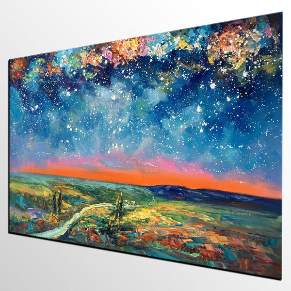 Large Canvas Art Painting, Starry Night Landscape Painting, Custom Large Oil Painting-Silvia Home Craft