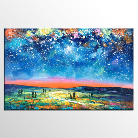 Landscape Oil Paintings, Starry Night Sky Painting, Custom Artwork, Heavy Texture Oil Painting, Landscape Painting for Living Room-Silvia Home Craft