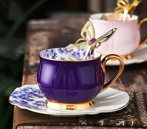 Elegant Purple Ceramic Cups, Unique Coffee Cup and Saucer in Gift Box as Birthday Gift, Beautiful British Tea Cups, Creative Bone China Porcelain Tea Cup Set-Silvia Home Craft