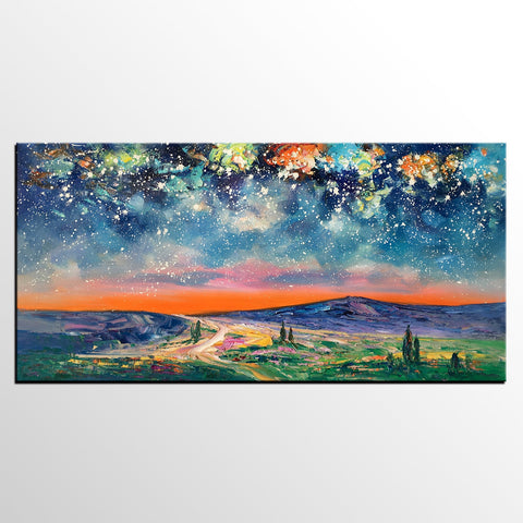 Landscape Oil Painting, Starry Night Sky Painting, Bedroom Wall Art Paintings, Custom Original Painting on Canvas-Silvia Home Craft