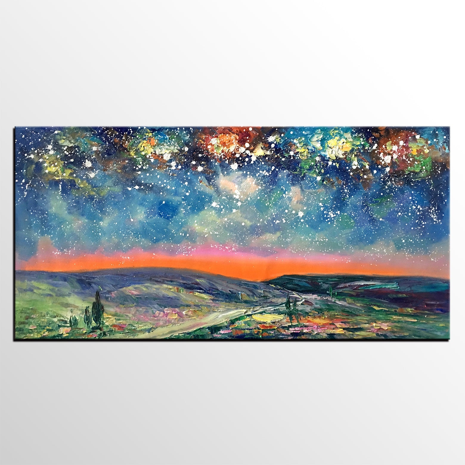 Starry Night Sky Painting, Custom Extra Large Painting, Original Landscape Painting, Canvas Painting for Dining Room-Silvia Home Craft