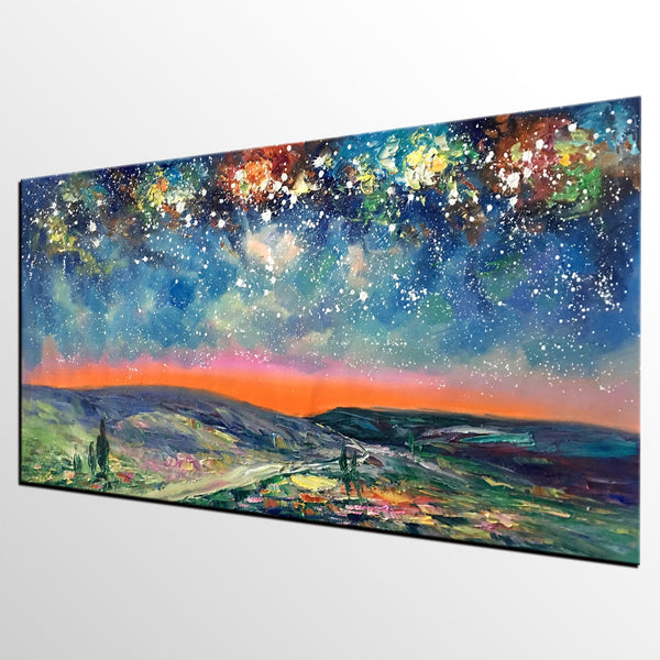 Starry Night Sky Painting, Custom Extra Large Painting, Original Landscape Painting, Canvas Painting for Dining Room-Silvia Home Craft