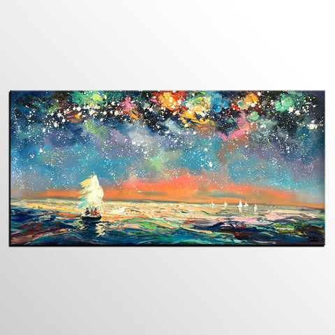 Palette Knife Painting, Impasto Painting, Starry Night Sky Painting, Landscape Canvas Painting for Dining Room, Custom Large Original Painting-Silvia Home Craft