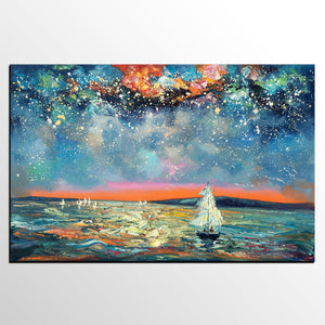 Large Canvas Art Painting, Custom Large Oil Painting, Sail Boat under Starry Night Painting-Silvia Home Craft