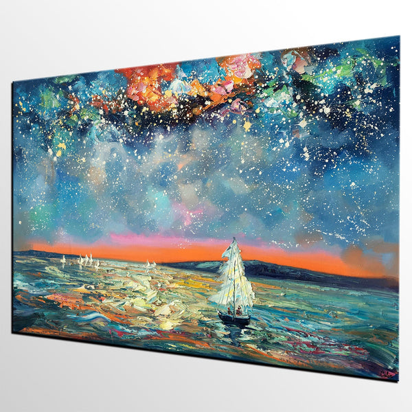 Large Canvas Art Painting, Custom Large Oil Painting, Sail Boat under Starry Night Painting-Silvia Home Craft