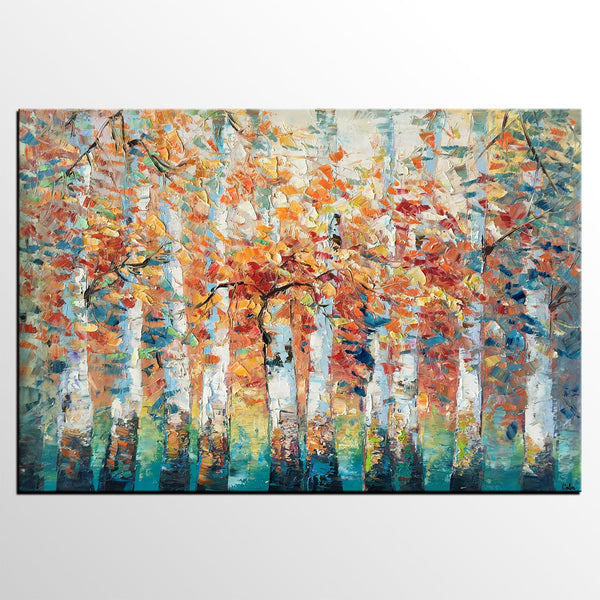 Birch Tree Landscape Painting, Custom Canvas Painting for Living Room, Heavy Texture Canvas Painting-Silvia Home Craft