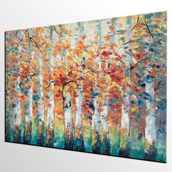 Birch Tree Landscape Painting, Custom Canvas Painting for Living Room, Heavy Texture Canvas Painting-Silvia Home Craft