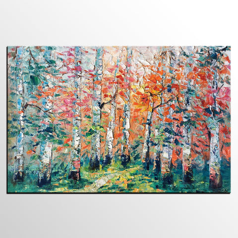 Abstract Landscape Painting, Custom Canvas Painting for Living Room, Heavy Texture Canvas Painting, Autumn Birch Tree-Silvia Home Craft