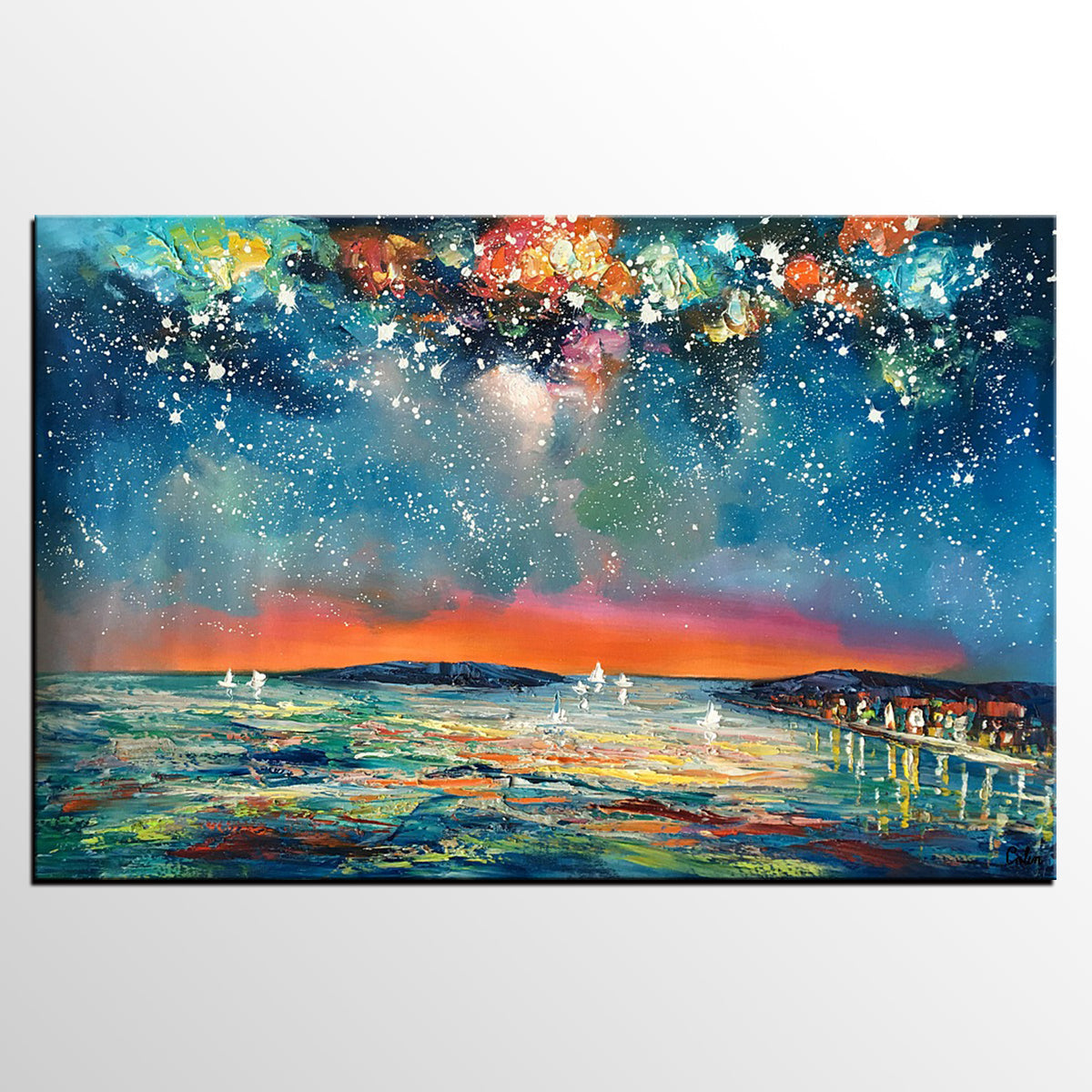 Buy Art Online, Abstract Art for Sale, Sail Boat under Starry Night Sky Painting, Custom Art-Silvia Home Craft