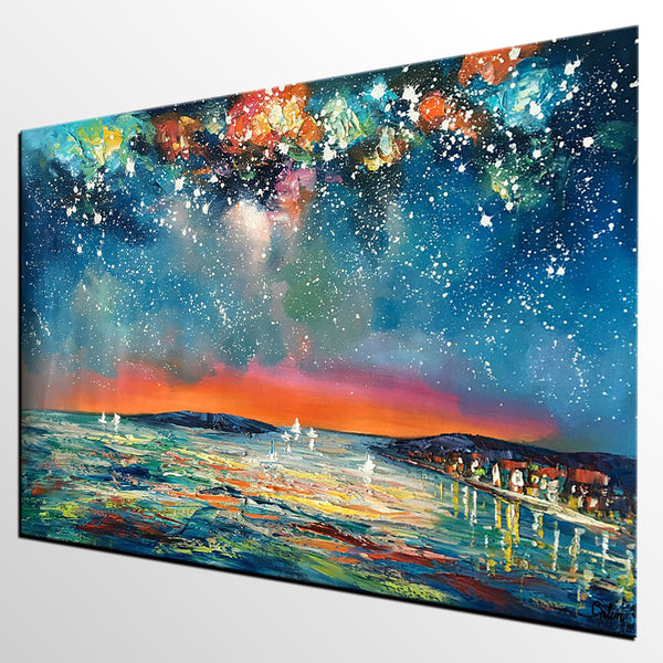 Buy Art Online, Abstract Art for Sale, Sail Boat under Starry Night Sky Painting, Custom Art-Silvia Home Craft