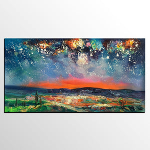 Canvas Painting for Dining Room, Custom Extra Large Painting, Starry Night Sky Painting, Original Landscape Painting-Silvia Home Craft