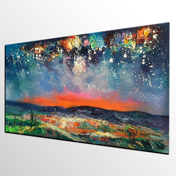 Canvas Painting for Dining Room, Custom Extra Large Painting, Starry Night Sky Painting, Original Landscape Painting-Silvia Home Craft