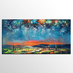 Canvas Painting for Bedroom, Starry Night Sky Painting, Custom Landscape Painting-Silvia Home Craft