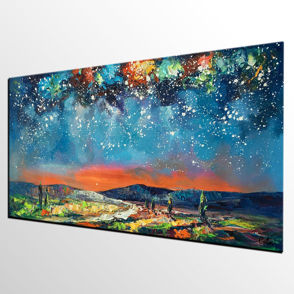 Canvas Painting for Bedroom, Starry Night Sky Painting, Custom Landscape Painting-Silvia Home Craft