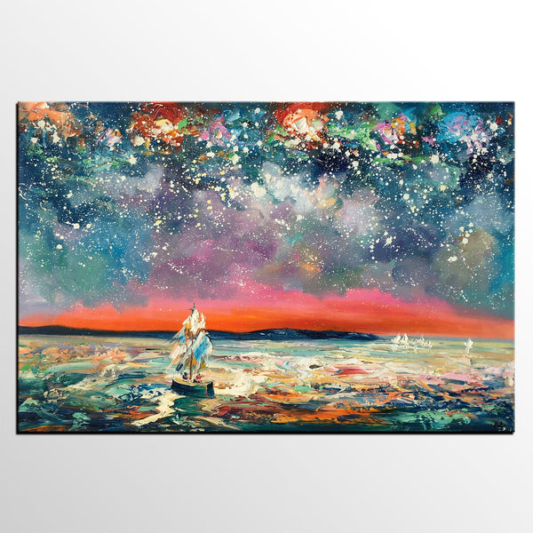 Landscape Canvas Painting, Sail Boat under Starry Night Sky, Canvas Painting for Sale, Custom Landscape Wall Art Paintings, Original Landscape Painting-Silvia Home Craft