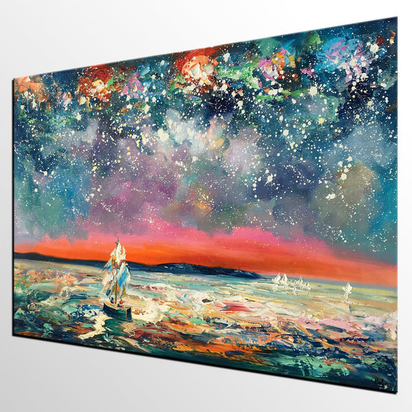 Landscape Canvas Painting, Sail Boat under Starry Night Sky, Canvas Painting for Sale, Custom Landscape Wall Art Paintings, Original Landscape Painting-Silvia Home Craft