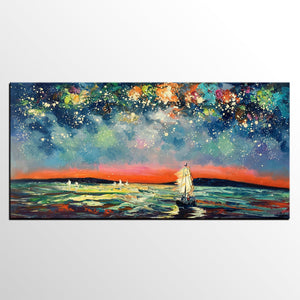 Sail Boat under Starry Night Sky Painting, Landscape Painting, Original Artwork, Custom Extra Large Canvas Painting-Silvia Home Craft