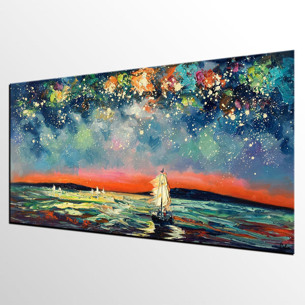 Sail Boat under Starry Night Sky Painting, Landscape Painting, Original Artwork, Custom Extra Large Canvas Painting-Silvia Home Craft