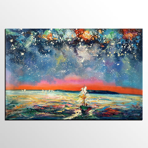 Canvas Painting, Abstract Art, Sail Boat under Starry Night Sky, Custom Landscape Wall Art, Original Painting-Silvia Home Craft