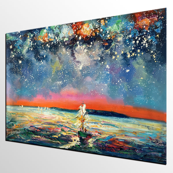 Canvas Painting, Abstract Art, Sail Boat under Starry Night Sky, Custom Landscape Wall Art, Original Painting-Silvia Home Craft