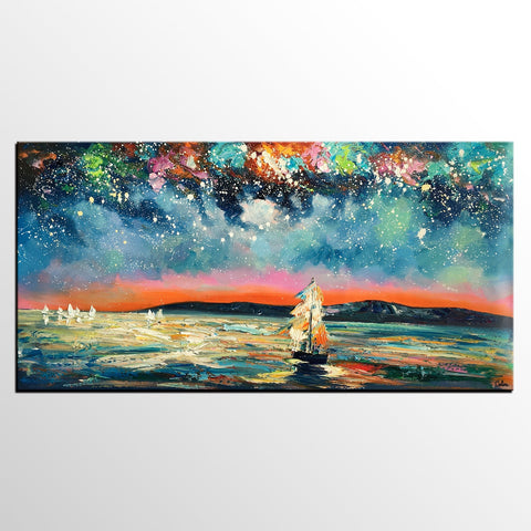 Landscape Wall Art Paintings, Starry Night Sky Painting, Original Canvas Painting, Custom Large Painting for Bedroom-Silvia Home Craft