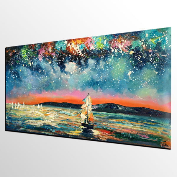 Landscape Wall Art Paintings, Starry Night Sky Painting, Original Canvas Painting, Custom Large Painting for Bedroom-Silvia Home Craft