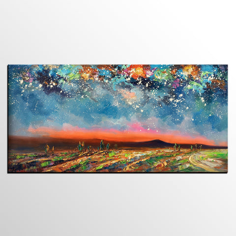 Starry Night Sky Painting, Custom Landscape Painting, Canvas Painting for Bedroom-Silvia Home Craft